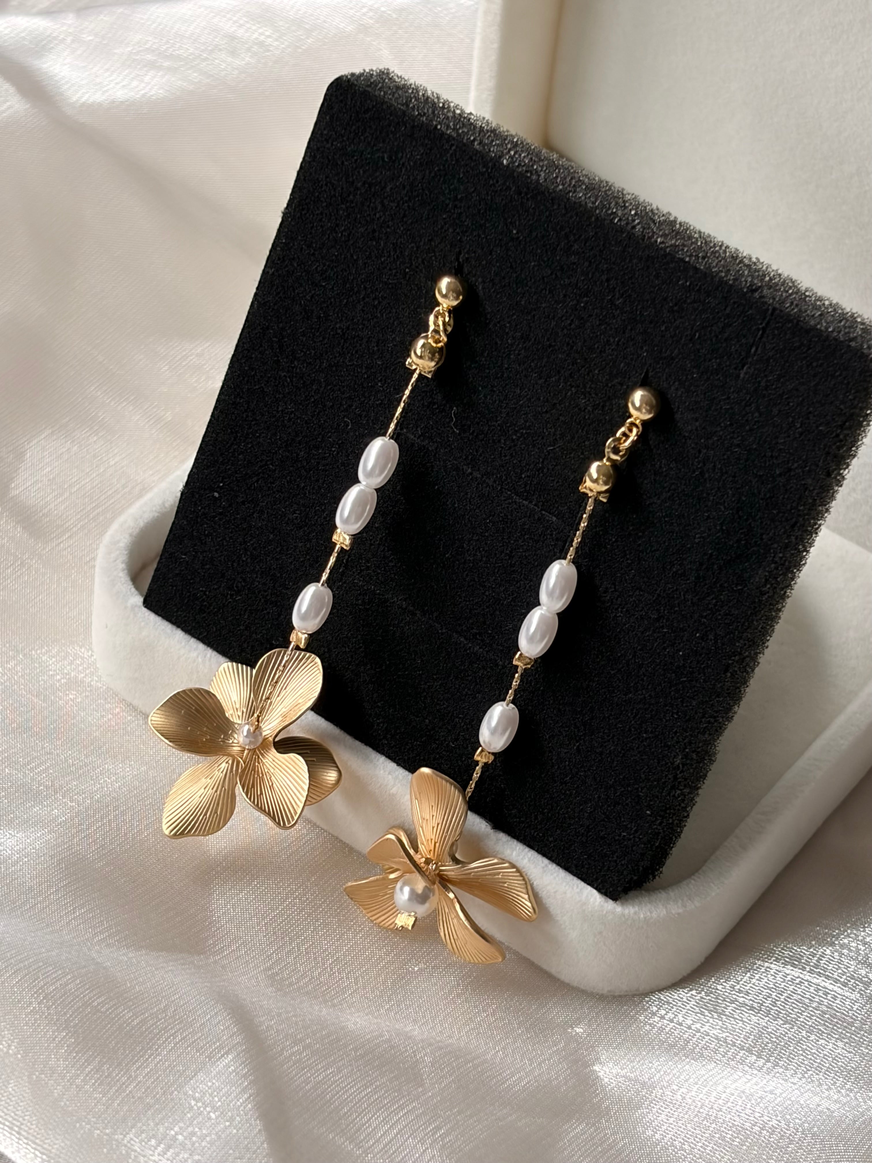 Golden Floral Pearl Drop Earrings