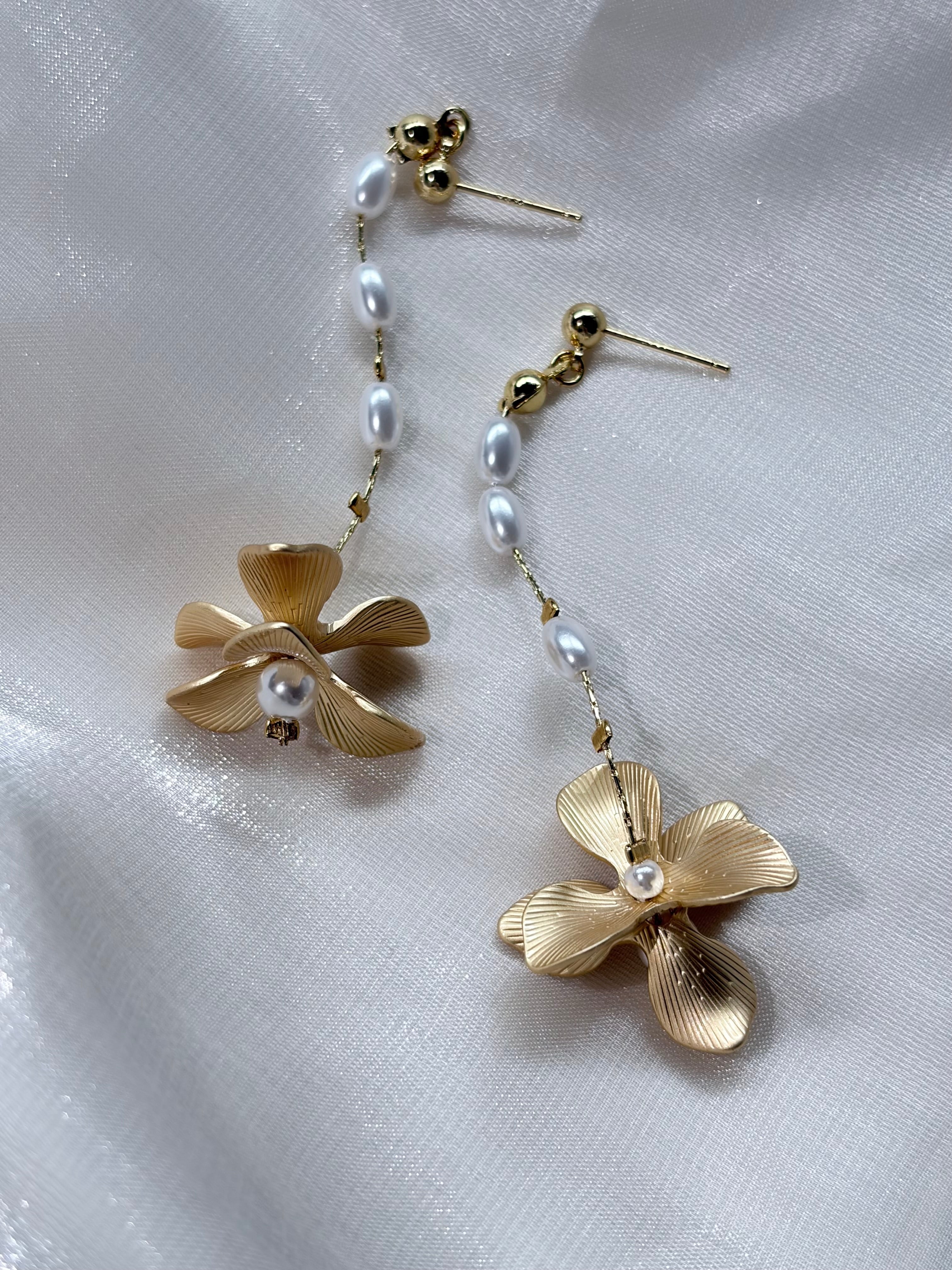 Golden Floral Pearl Drop Earrings