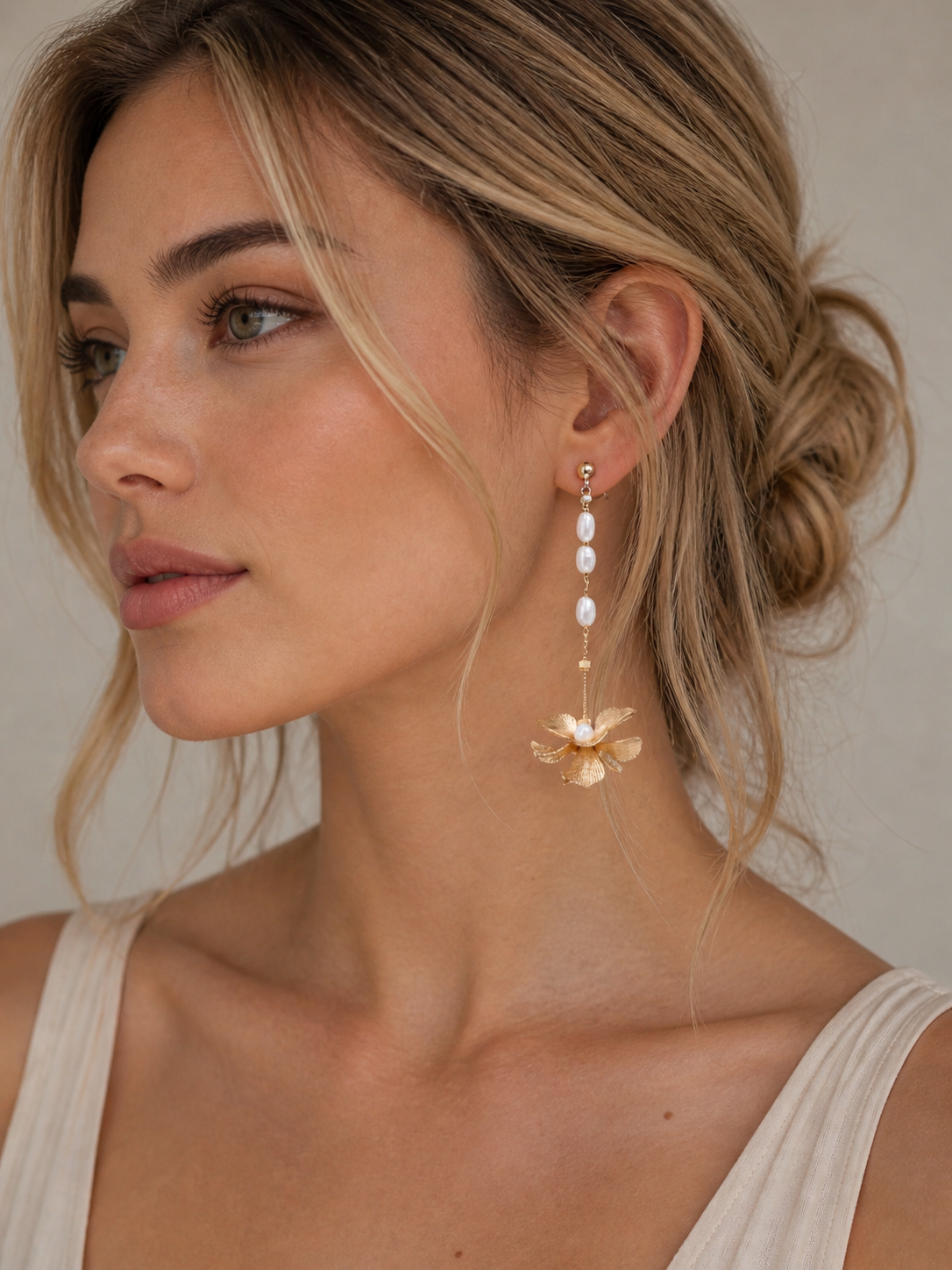 Golden Floral Pearl Drop Earrings
