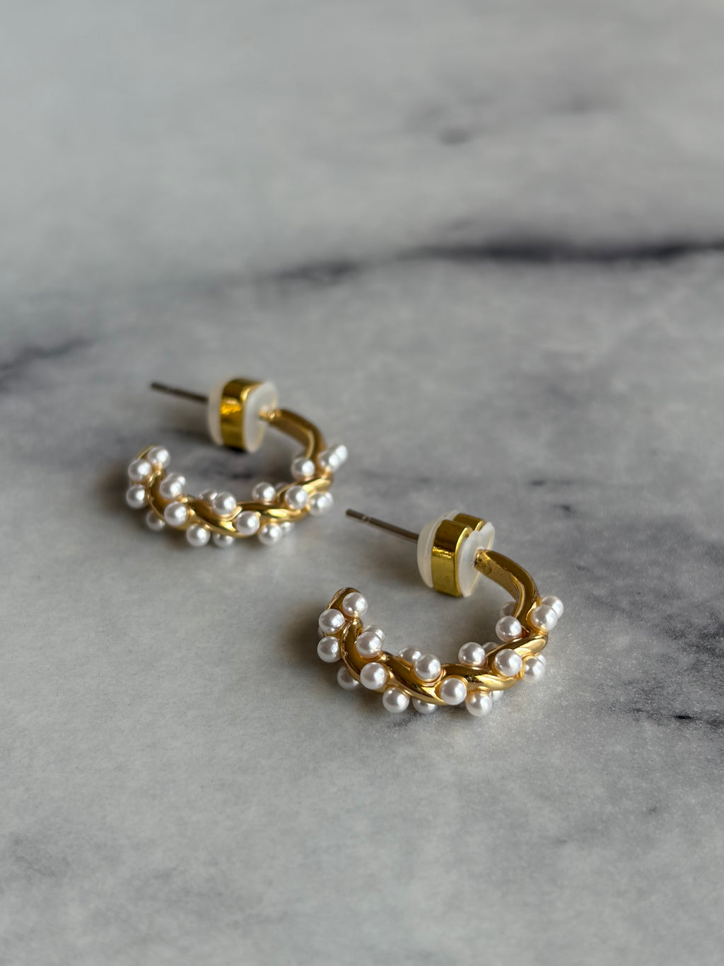 Gold Pearl Hoop Earrings with 925 Sterling Silver Needles