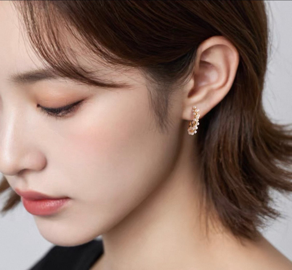 Gold Pearl Hoop Earrings with 925 Sterling Silver Needles